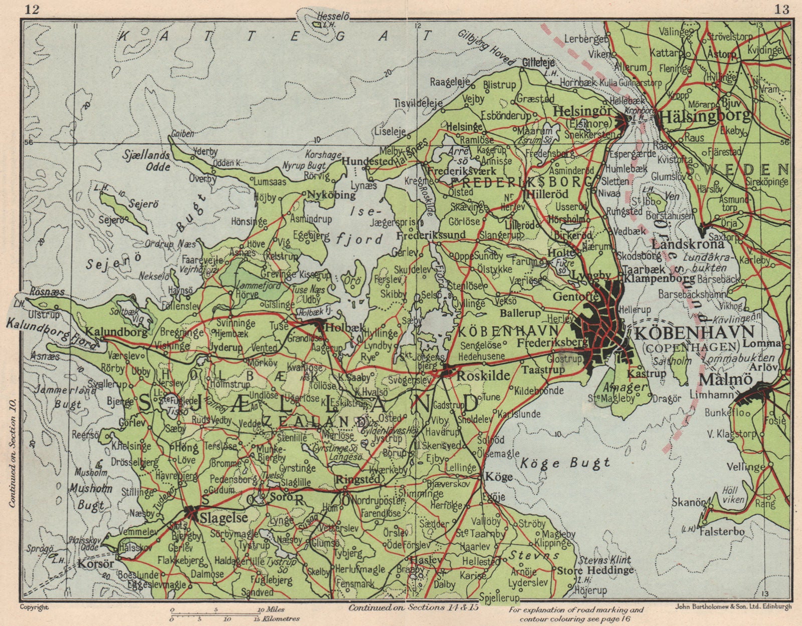 ZEALAND SJAELLAND. Kobenhavn Copenhagen Malmo Helsingor. Denmark 1955 old map